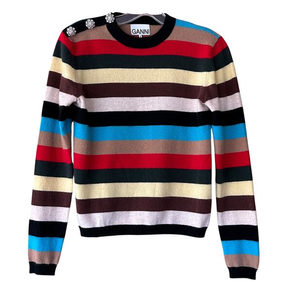 GANNI Cashmere Stripe Sweater XS w/ Crystal Buttons Preppy Chic Quiet Luxury - Picture 5 of 10